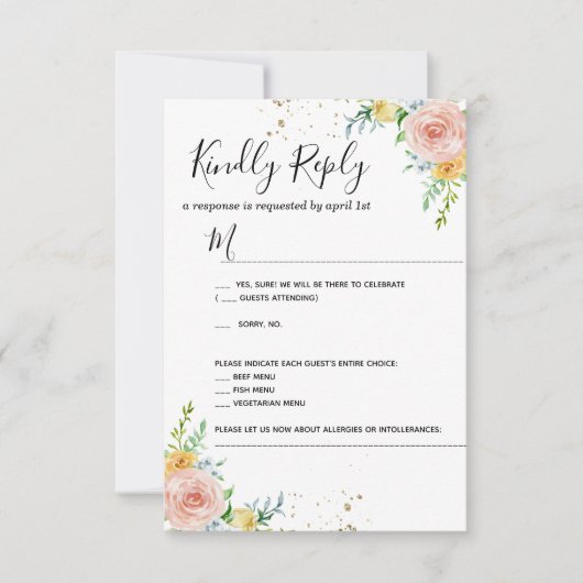 Carte de réponse d'invitation de mariage floral or (Devant)