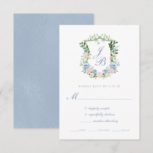 Carte de réponse du Mariage de crête florale bleu  (Devant / Derrière)