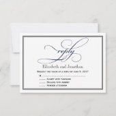 Carte de réponse du Mariage de script bleu et blan (Devant)