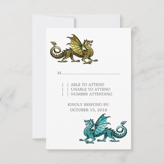 Carte de réponse du Mariage Dragon Turquoise Or (Devant)