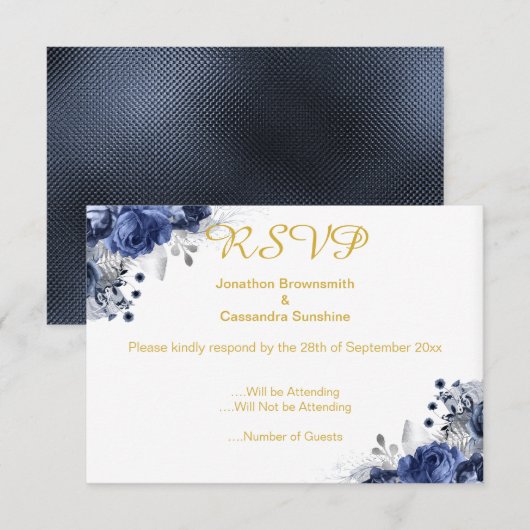 CARTE DE RÉPONSE ÉLÉGANT BLEU À EMBOSSAGE ROSE (Devant / Derrière)