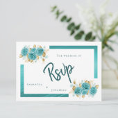 Carte de réponse élégante avec rose sarcelle et tu (Debout devant)