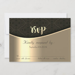 Carte de réponse élégante en noir damassé or RSVP
