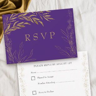 Carte de réponse élégante violette et feuille d'or