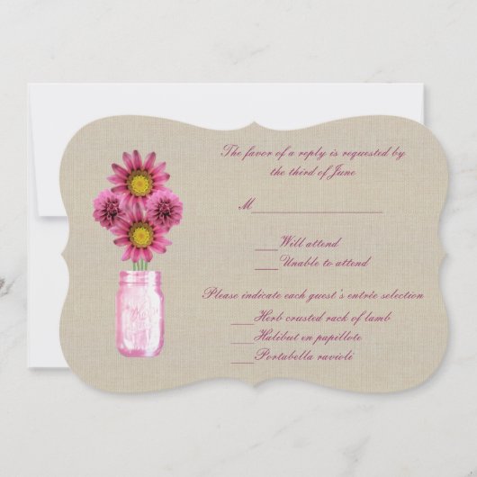 Carte de réponse en burlap rustique rose Pot Mason (Devant)