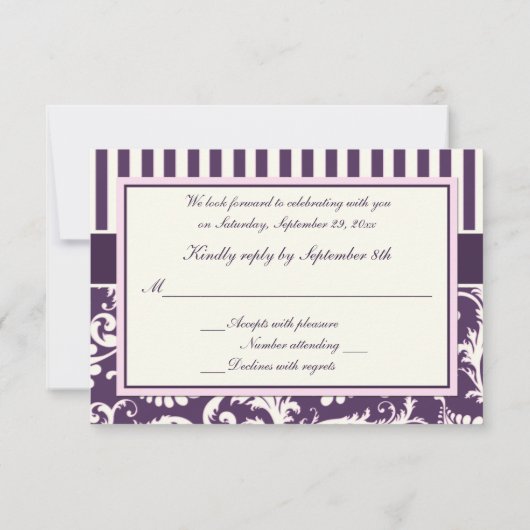 Carte de réponse en damas à rayures violettes, crè (Dos)