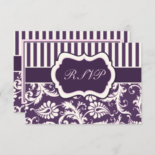 Carte de réponse en damas à rayures violettes, crè (Devant / Derrière)