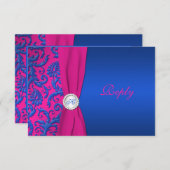 Carte de réponse en damas cobalt et fuchsia (Devant / Derrière)