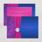 Carte de réponse en damas cobalt et fuchsia RSVP (Devant / Derrière)
