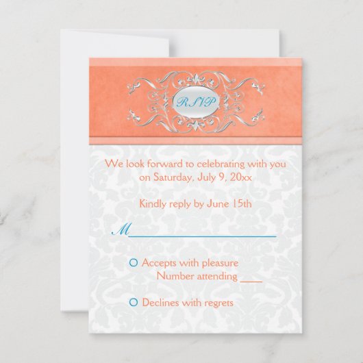Carte de réponse en damas corail, aigue-marine et  (Devant)