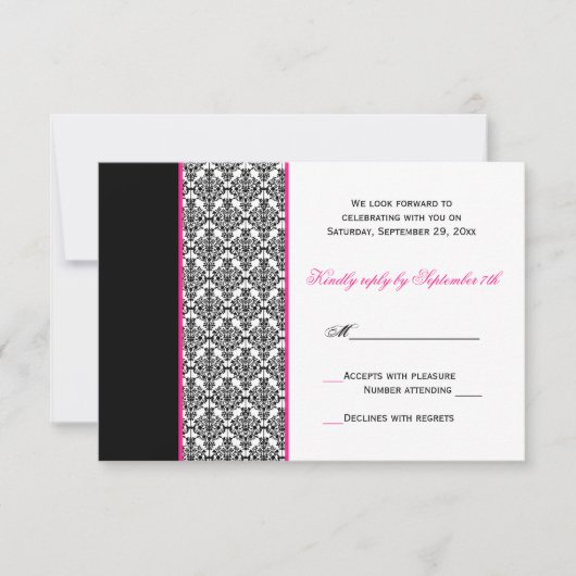 Carte de réponse en damas noir blanc rose (Devant)