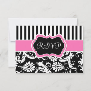 Carte de réponse en damas noir rose blanc rayé