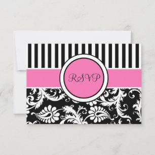 Carte de réponse en damas noir rose blanc rayé