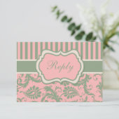 Carte de réponse en damas rayé rose, vert et kaki (Debout devant)