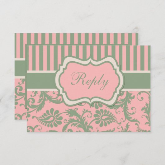 Carte de réponse en damas rayé rose, vert et kaki (Devant / Derrière)