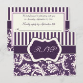 Carte de réponse en damas rayé violet, crème et ro (Devant / Derrière)