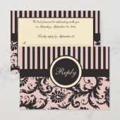 Carte de réponse en damas rose, crème et gris (Devant / Derrière)
