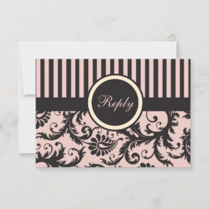 Carte de réponse en damas rose poudré, crème et gr