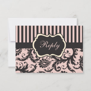 Carte de réponse en damas rose saumon, crème et gr