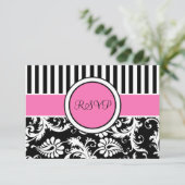 Carte de réponse en damassé noir, blanc et rayé (Debout devant)