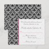 Carte de réponse en damassé noir, blanc et rose (Devant / Derrière)