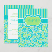 Carte de réponse en damassé rayé bleu vert blanc (Devant / Derrière)
