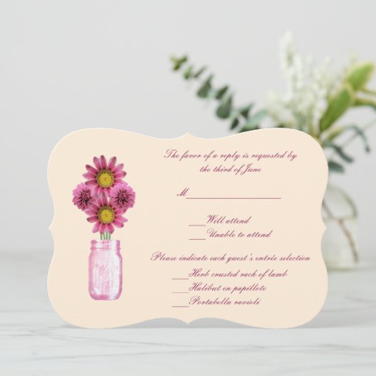 Carte de réponse en pot Mason avec fleurs roses (Debout devant)