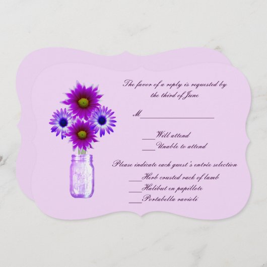 Carte de réponse en pot Mason avec fleurs violette (Devant / Derrière)