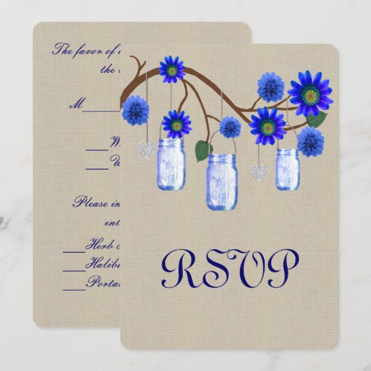 Carte de réponse en pot Mason Burlap Rustique Bleu (Devant / Derrière)