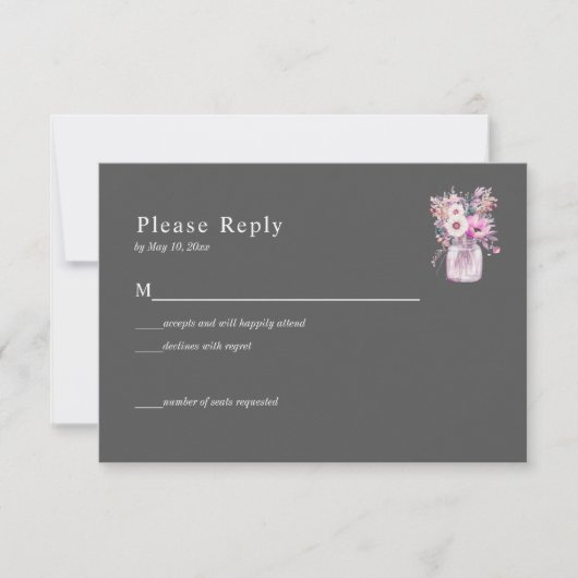 Carte de réponse en pot Mason gris avec des fleurs (Devant)