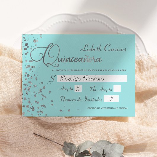 Carte de réponse espagnole Quinceanera Blue Silver