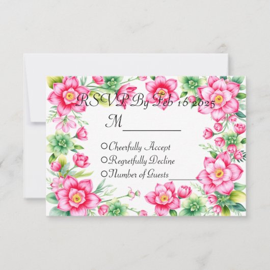 Carte de réponse Fleur Rose sans options de repas (Devant)