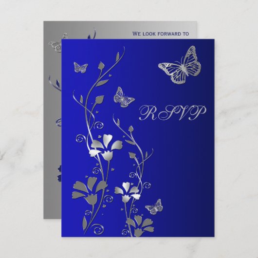 Carte de réponse Fleurs bleues et argent avec papi (Devant / Derrière)