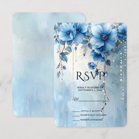 Carte de réponse Fleurs bleues et perles (Devant / Derrière)
