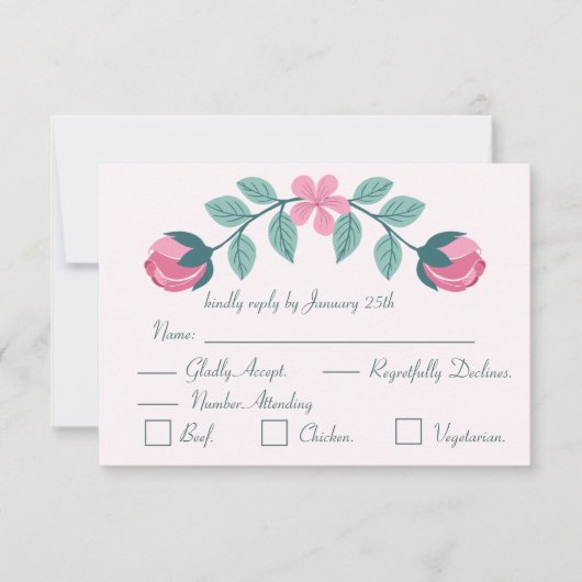 carte de réponse fleurs & feuilles roses RSVP (Devant)