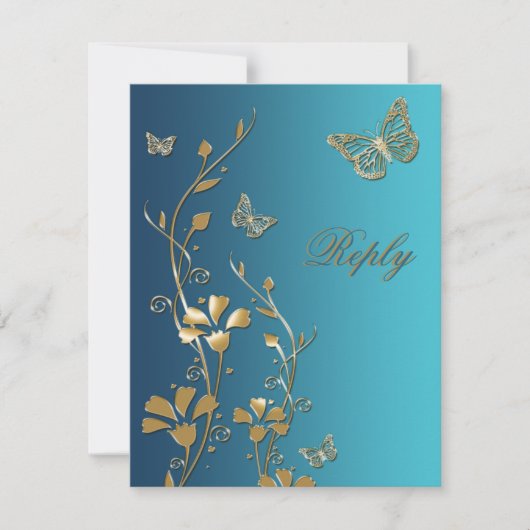 Carte de réponse Fleurs turquoises et or et Papill (Devant)