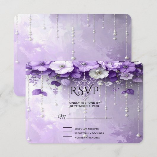 Carte de réponse Fleurs violettes avec perles qui (Devant / Derrière)