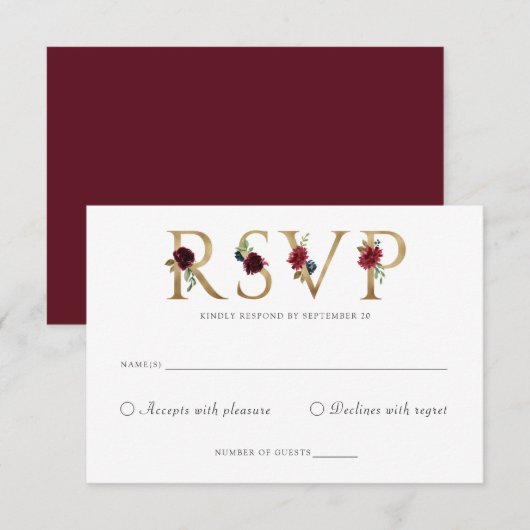 Carte de réponse Floral Burgundy Gold RSVP (Devant / Derrière)