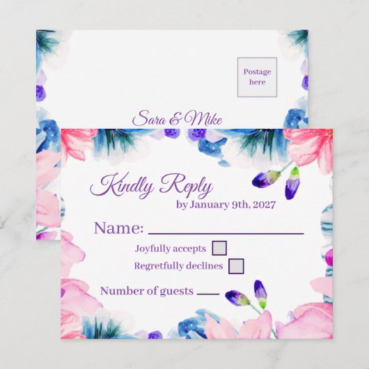 Carte de réponse florale à l'aquarelle de couleur (Devant / Derrière)