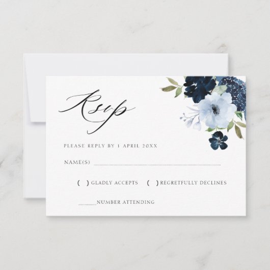 carte de réponse florale bleu clair et marine (Devant)