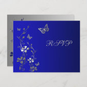 Carte de réponse florale bleue et argentée avec pa (Devant / Derrière)