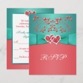 Carte de réponse florale Corail et sarcelle avec c (Devant / Derrière)