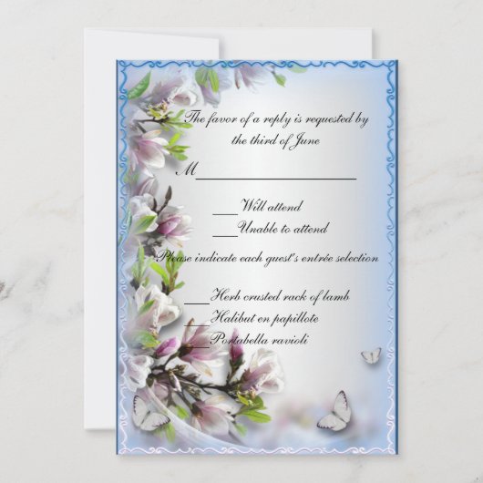 Carte de réponse florale et papillon violet élégan (Devant)