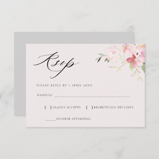 carte de réponse florale gris et rose gold (Devant / Derrière)