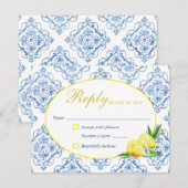 Carte de réponse florale italienne à carreaux bleu (Devant / Derrière)