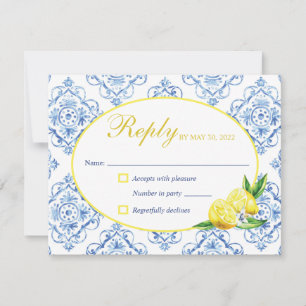 Carte de réponse florale italienne à carreaux bleu