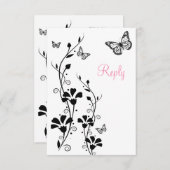 Carte de réponse florale noir et blanc avec papill (Devant / Derrière)