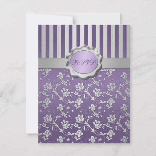 Carte de réponse florale rayée violette et grise (Devant)