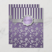 Carte de réponse florale rayée violette et grise (Devant / Derrière)