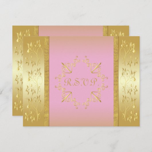 Carte de réponse florale rose et or (Devant / Derrière)